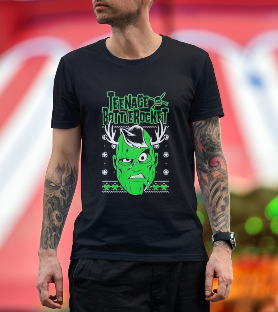 Teenage Bottlerocket Green Grumpy Face with Antlers Snowflakes Skulls Christmas T-Shirt