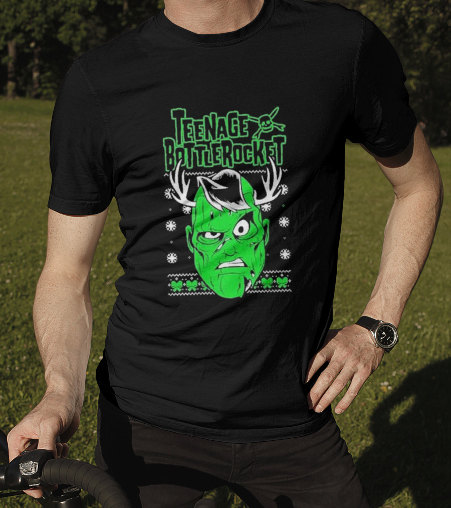 Teenage Bottlerocket Green Grumpy Face With Antlers Snowflakes Skulls Christmas T-Shirt