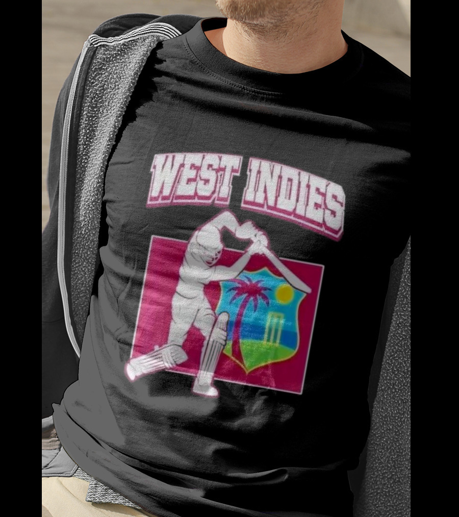 West Indies Cricket Windies Logo Batsman Palm Tree Stumps Sun Crest T-Shirt