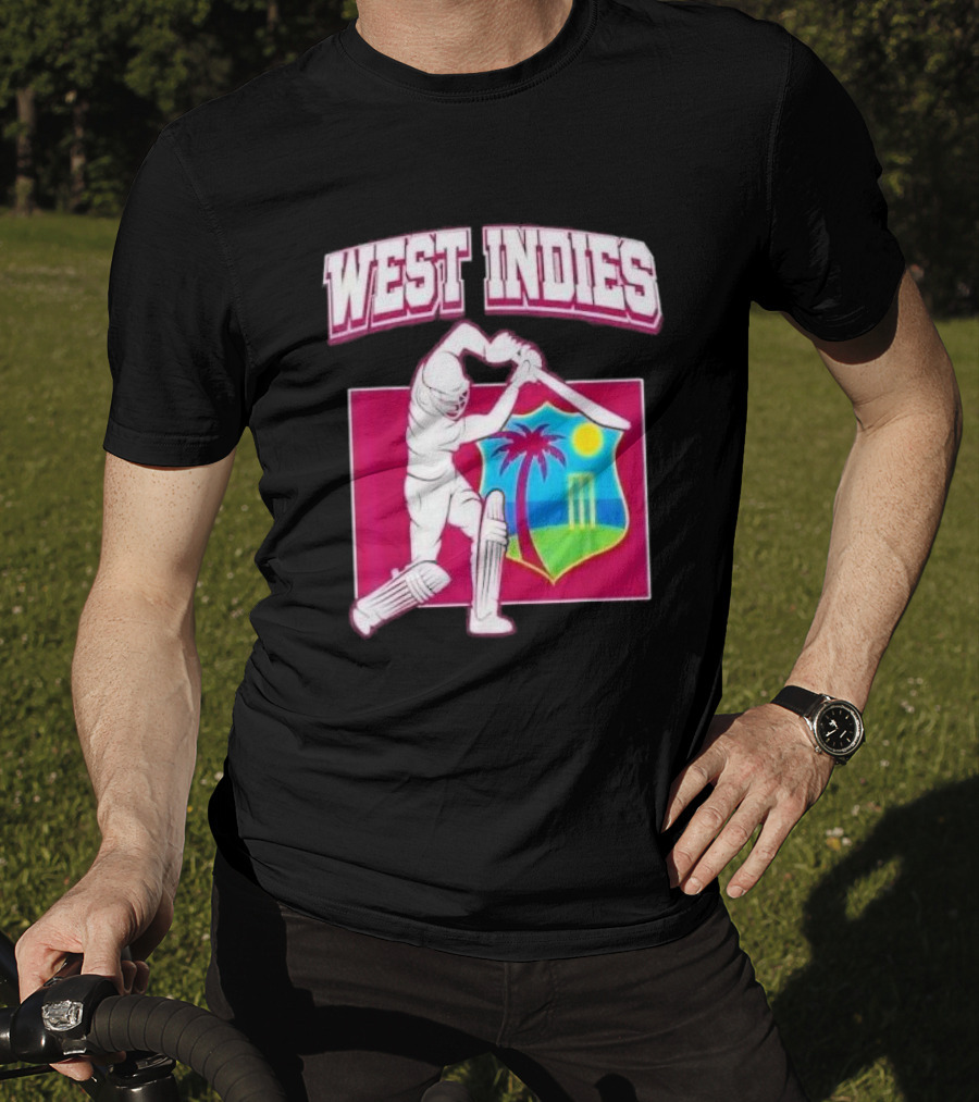 West Indies Cricket Windies Logo Batsman Palm Tree Stumps Sun Crest T-Shirt
