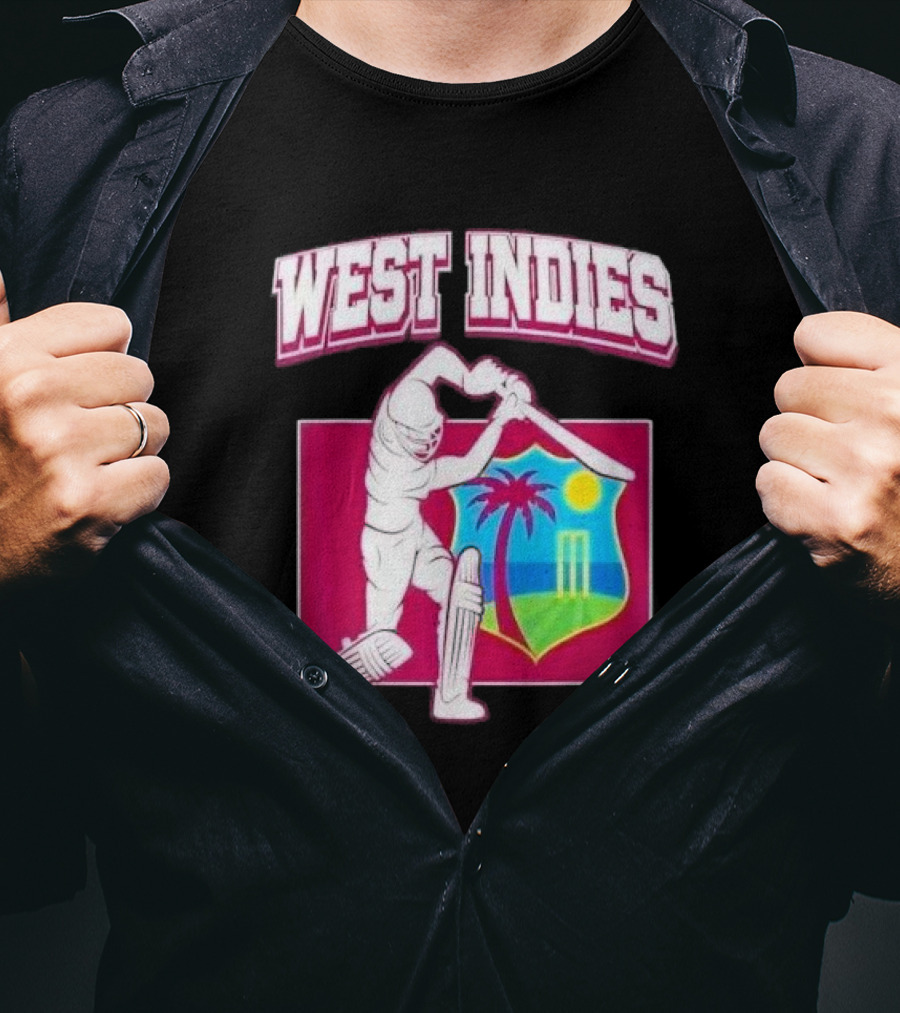 West Indies Cricket Windies Logo Batsman Palm Tree Stumps Sun Crest T-Shirt