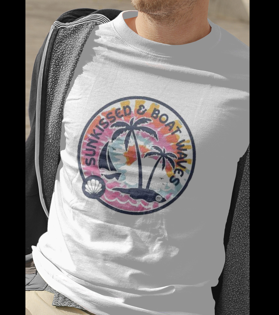 Sunkissed And Boat Waves Palm Trees Shell Sailboat Colorful Circle Emblem T-Shirt