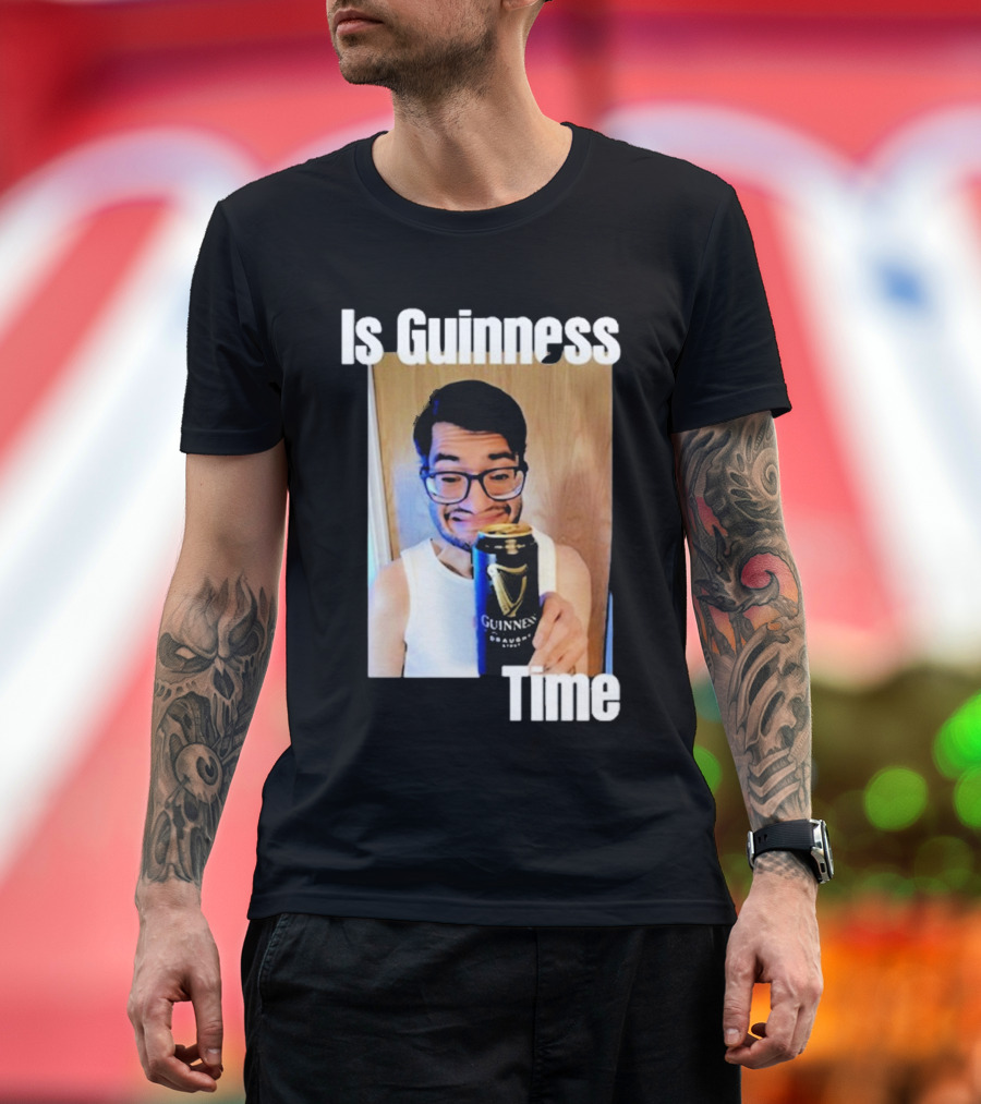Felipe Canizales Holding Guinness Beer Can with Is Guinness Time Text T-Shirt