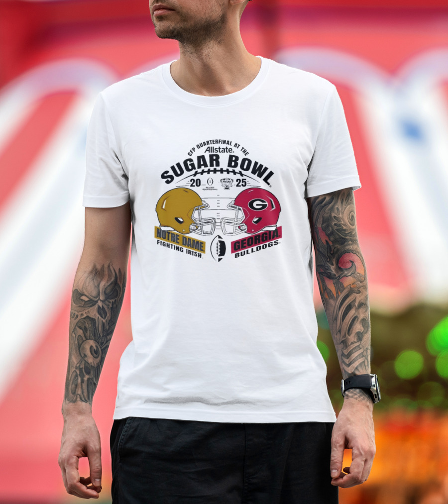 CFP Quarterfinal at the Allstate Sugar Bowl 2024-25 Notre Dame Fighting Irish Vs Georgia Bulldogs Dueling Helmet T-Shirt