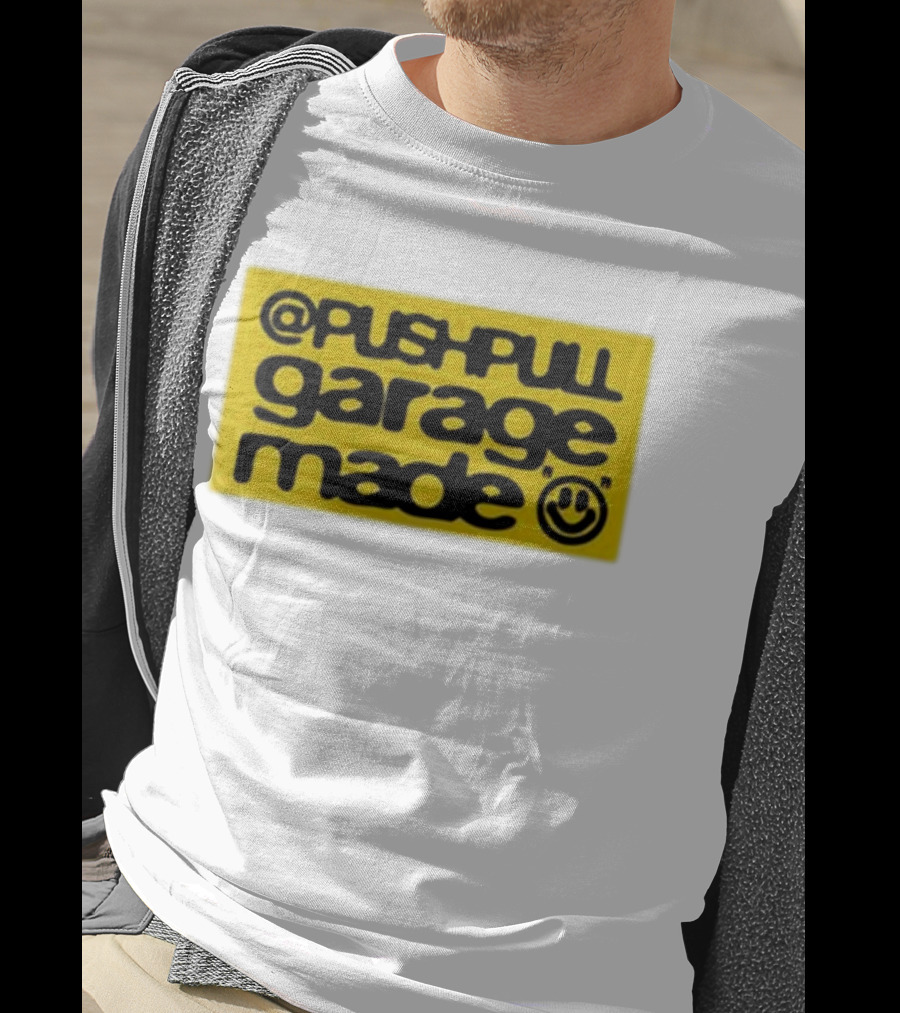 Pushpull Garage Made Smiley Face Yellow Background T-Shirt