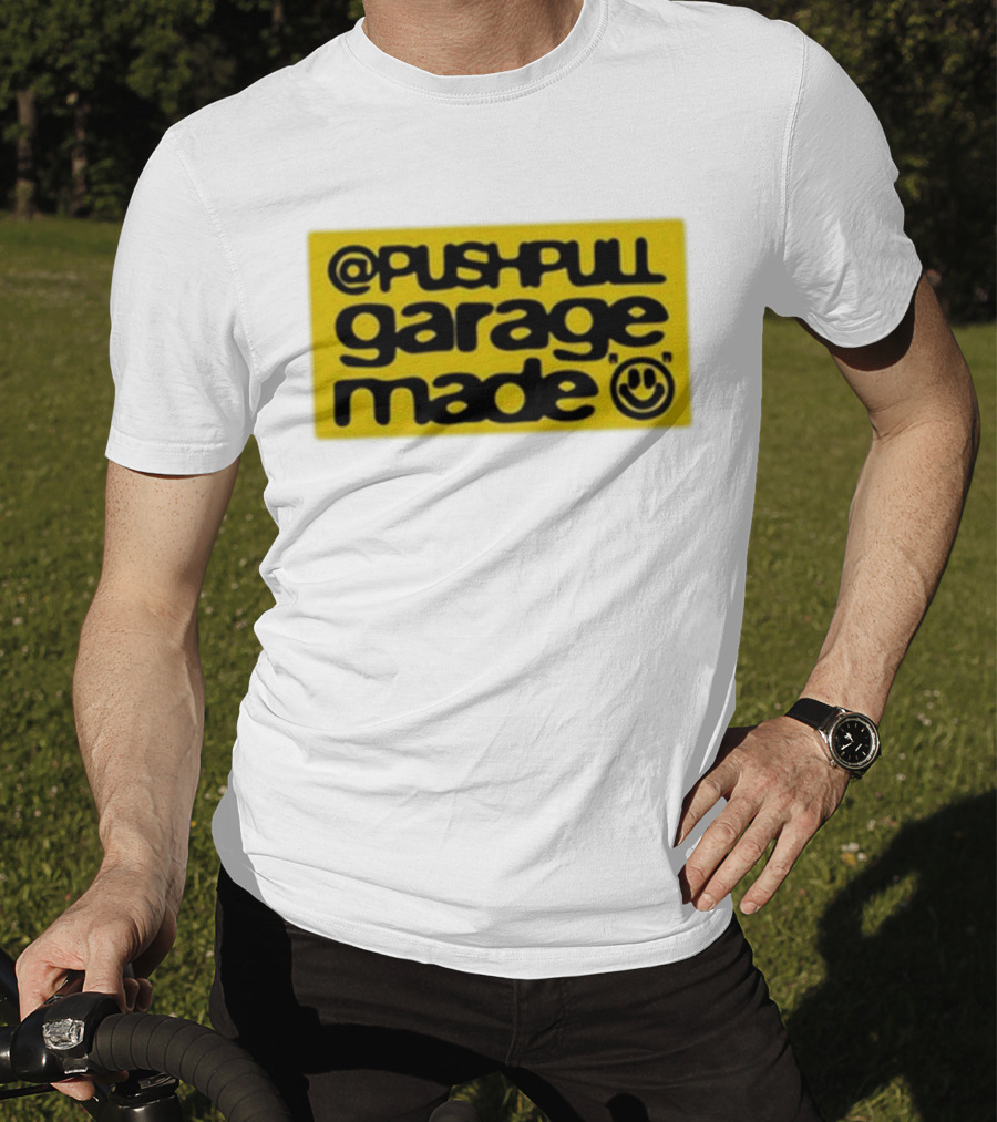 Pushpull Garage Made Smiley Face Yellow Background T-Shirt