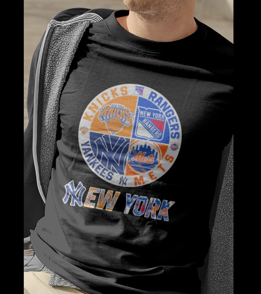 Knicks Rangers Yankees Mets New York Circle Logo Collaboration T-Shirt