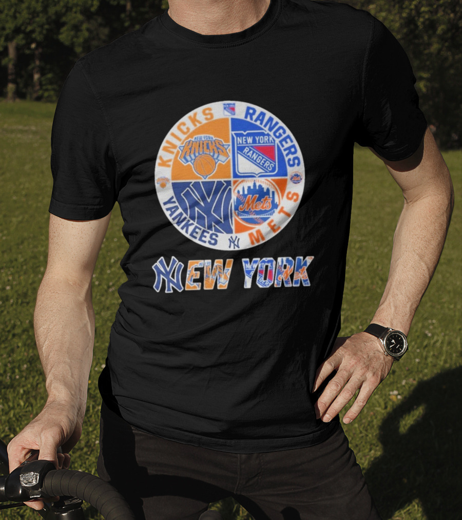 Knicks Rangers Yankees Mets New York Circle Logo Collaboration T-Shirt