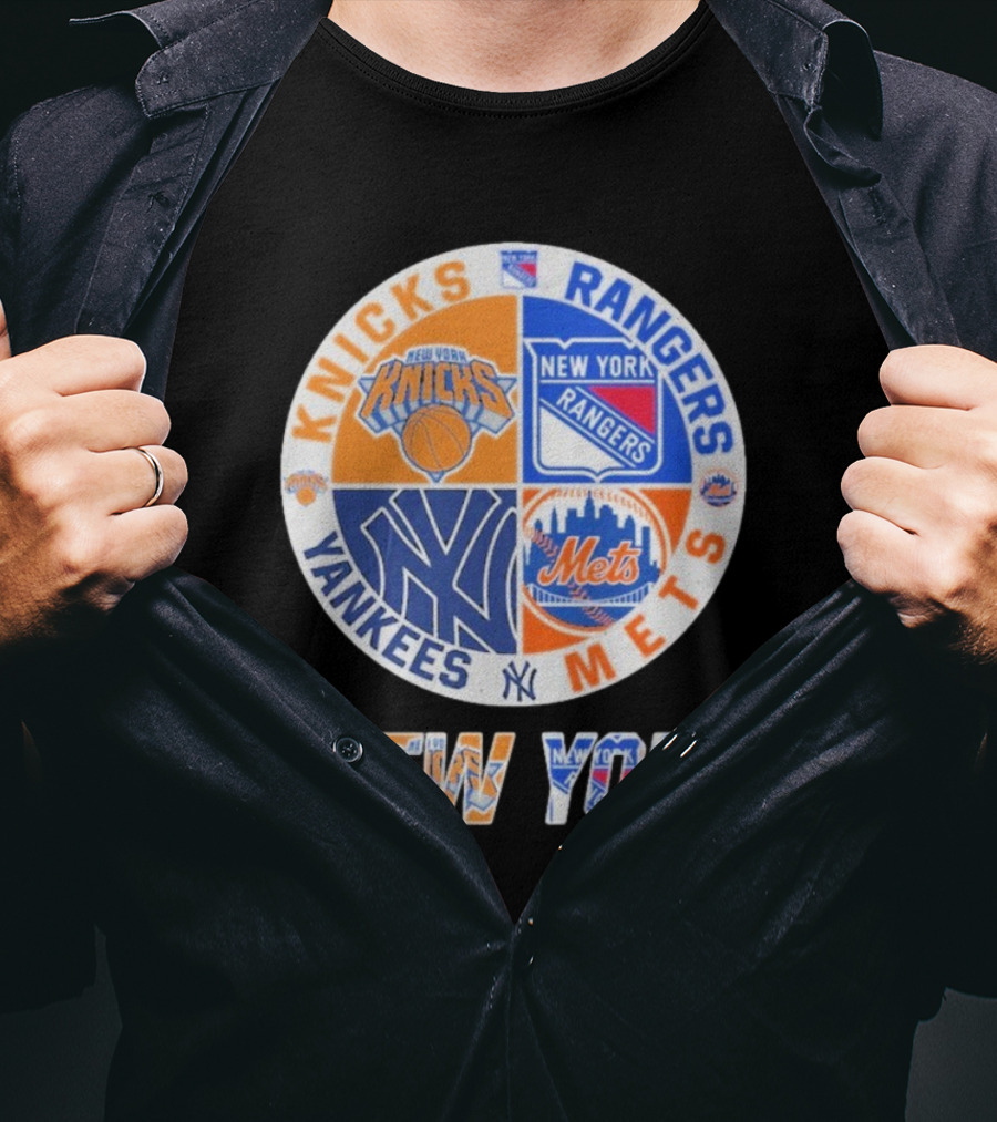 Knicks Rangers Yankees Mets New York Circle Logo Collaboration T-Shirt
