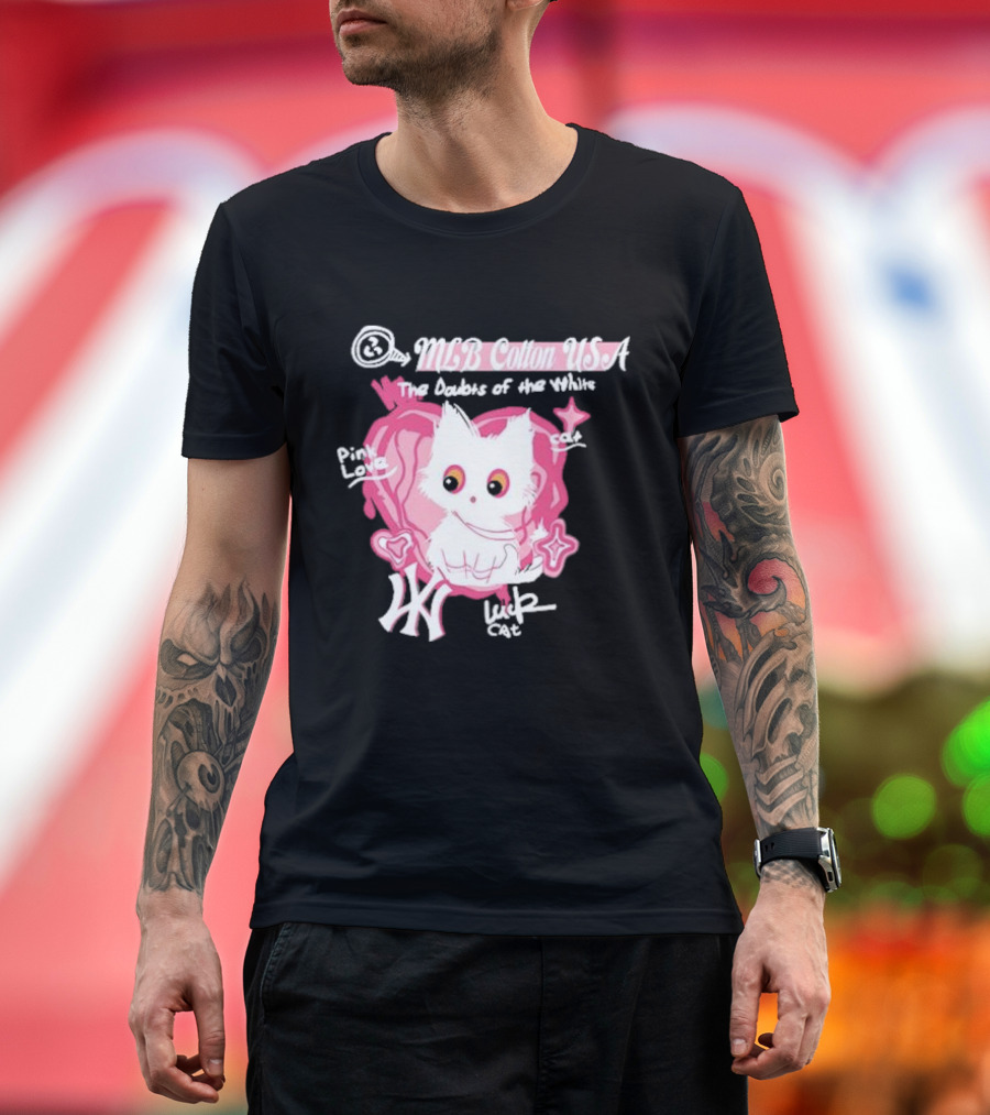 MLB Cotton USA The Doubts of the White Cat Pink Love Lucky Cat T-Shirt