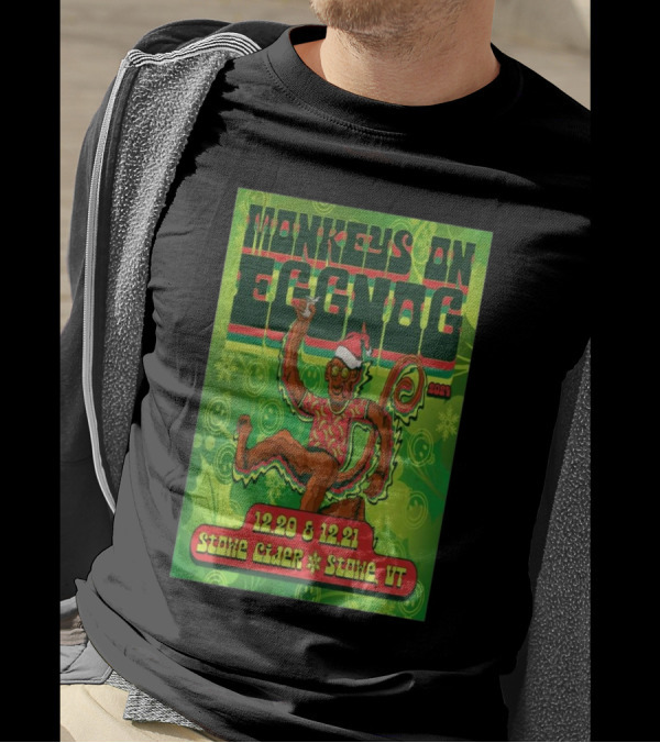 Monkeys On Eggnog December 20-21 2024 Stowe Cider Stowe Vermont Tour Santa Monkey Holiday Event T-Shirt