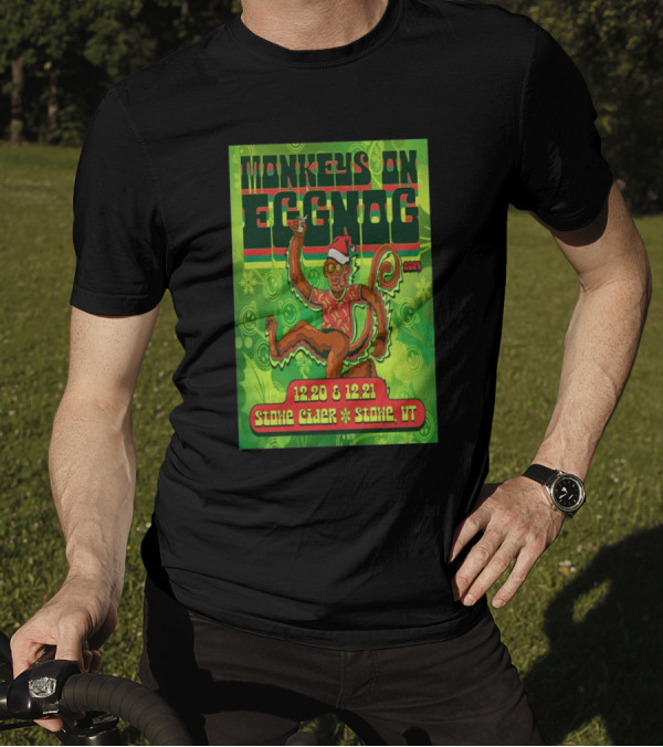 Monkeys On Eggnog December 20-21 2024 Stowe Cider Stowe Vermont Tour Santa Monkey Holiday Event T-Shirt