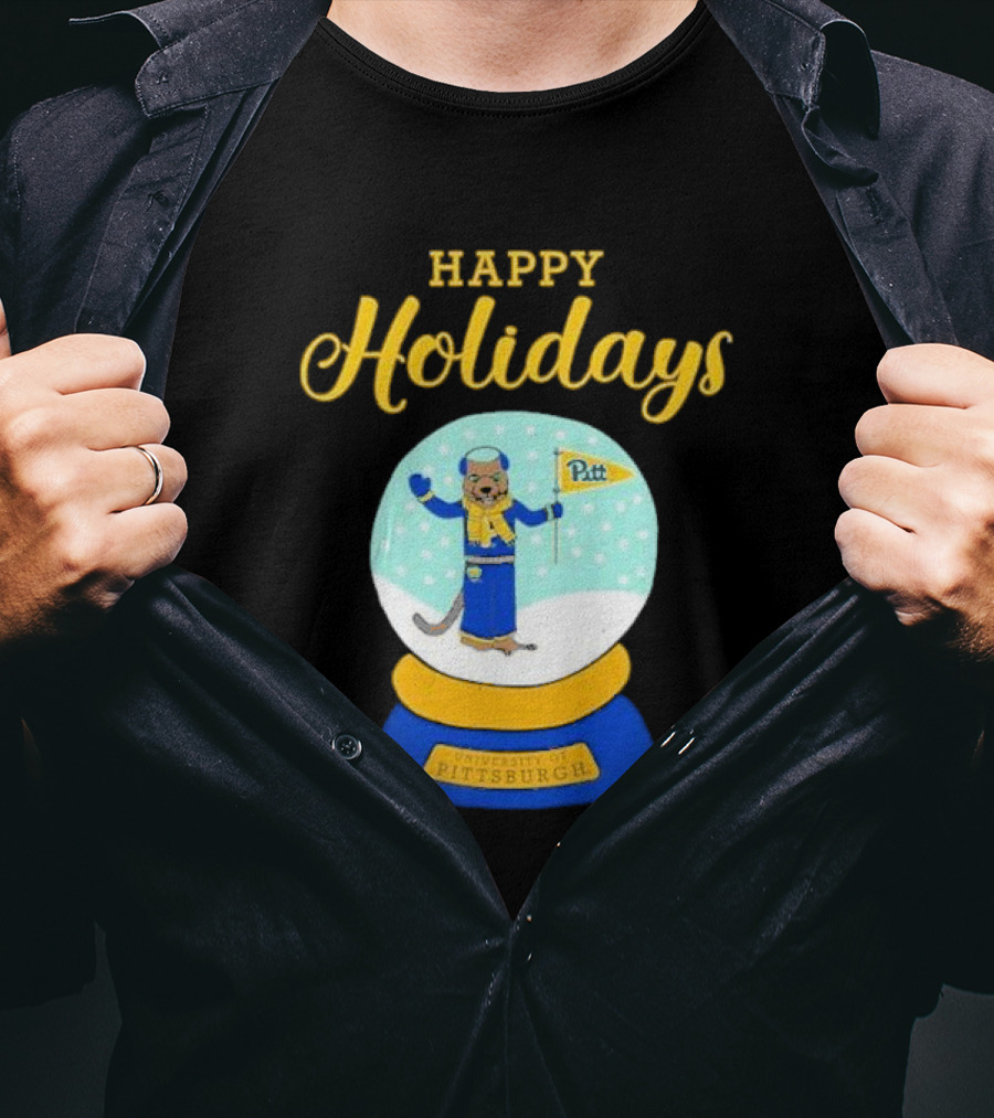University Of Pittsburgh Pitt Roc Snow Globe Happy Holidays T-Shirt