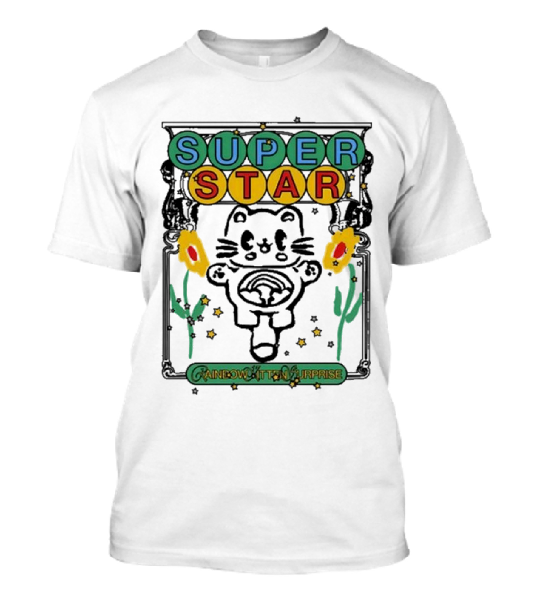 Rainbow Kitten Surprise Superstar Floating Cat With Rainbow Starry Background T-Shirt