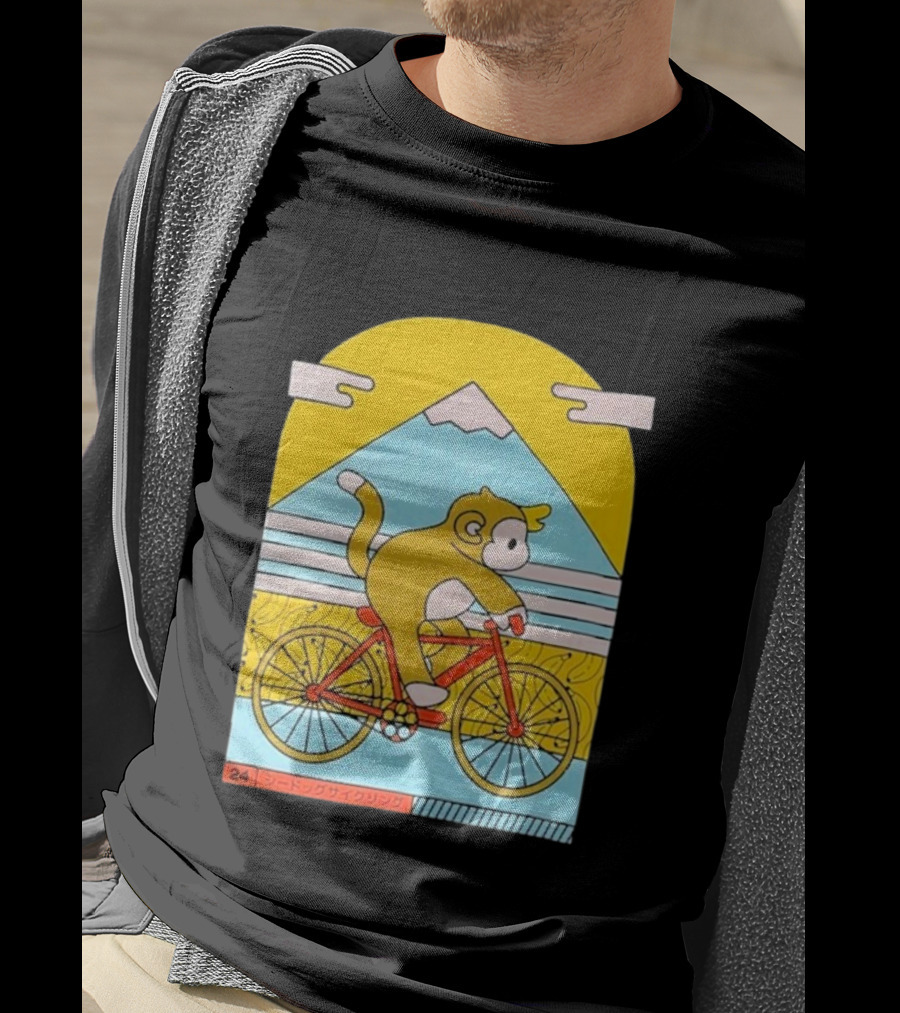 CDAWGVA Cycle Pullover Monkey Riding Bike With Mountain Background T-Shirt