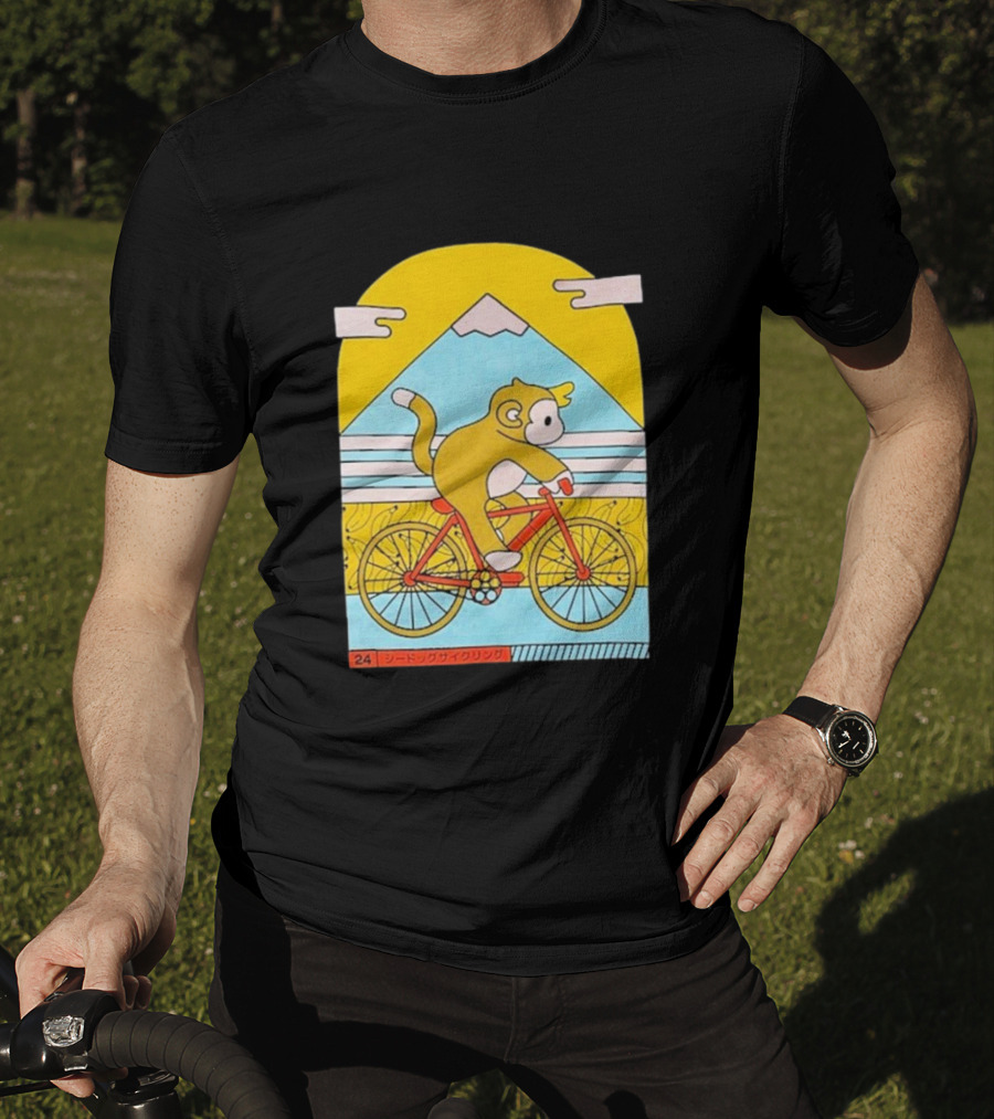 CDAWGVA Cycle Pullover Monkey Riding Bike With Mountain Background T-Shirt