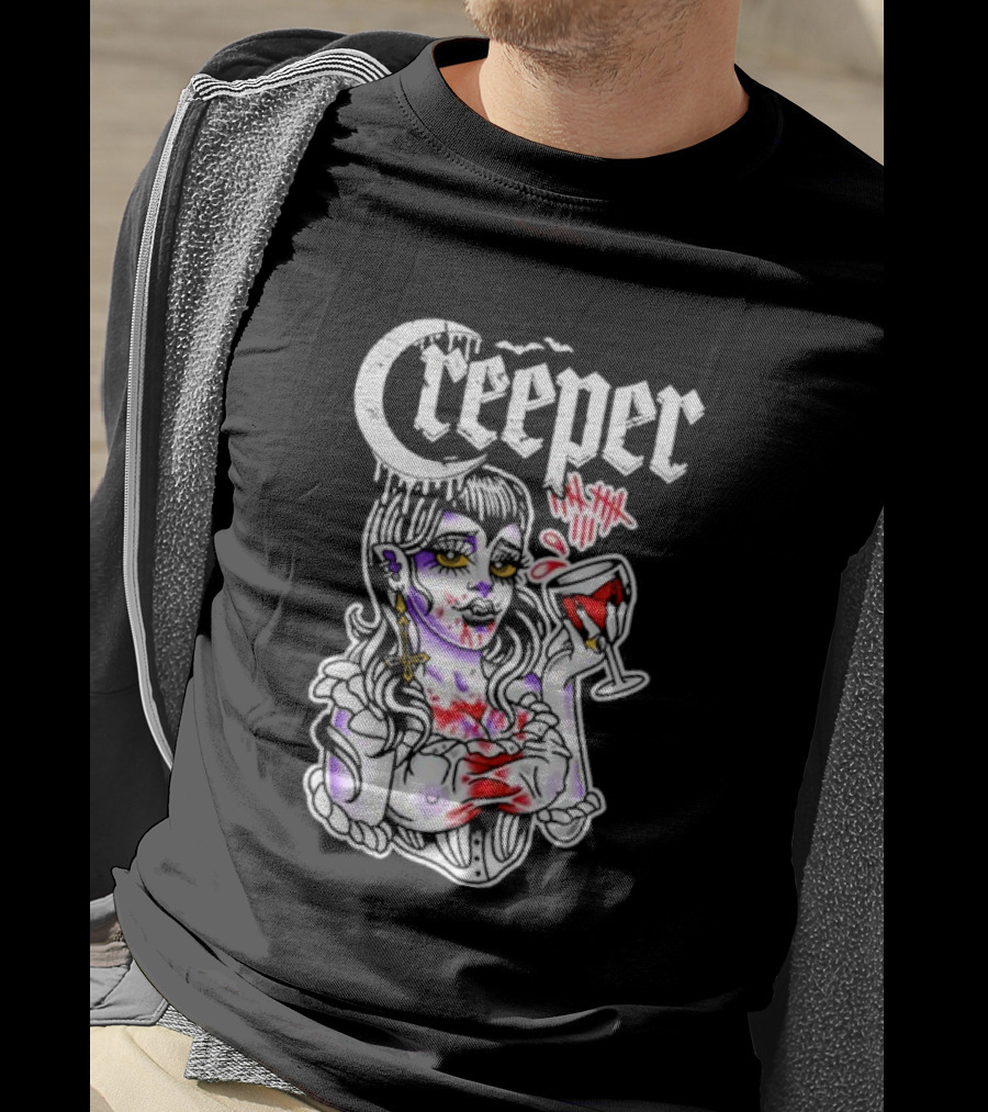 Creeper Gothic Vampire Woman With Bloody Drink T-Shirt