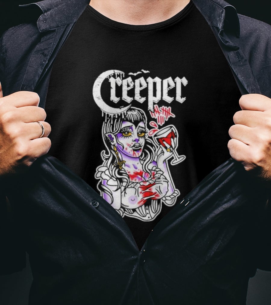 Creeper Gothic Vampire Woman With Bloody Drink T-Shirt