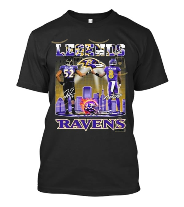 Baltimore Ravens Legends Ray Lewis 52 X Lamar Jackson 8 Signature T-Shirt