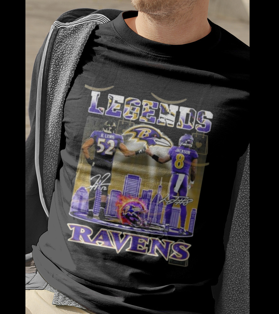 Baltimore Ravens Legends Ray Lewis 52 X Lamar Jackson 8 Signature T-Shirt