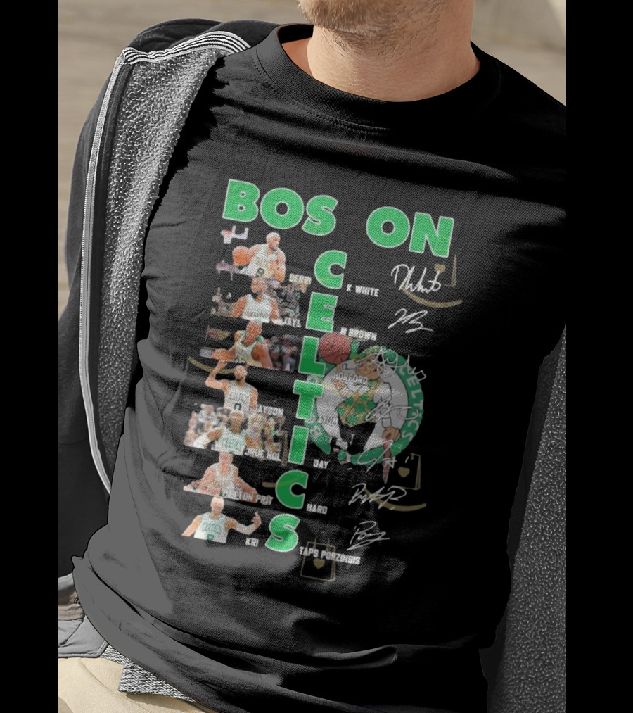 Boston Celtics Derrick White Jaylen Brown Jayson Tatum Jrue Holiday Al Horford Kris Porzingis Team Signatures T-Shirt