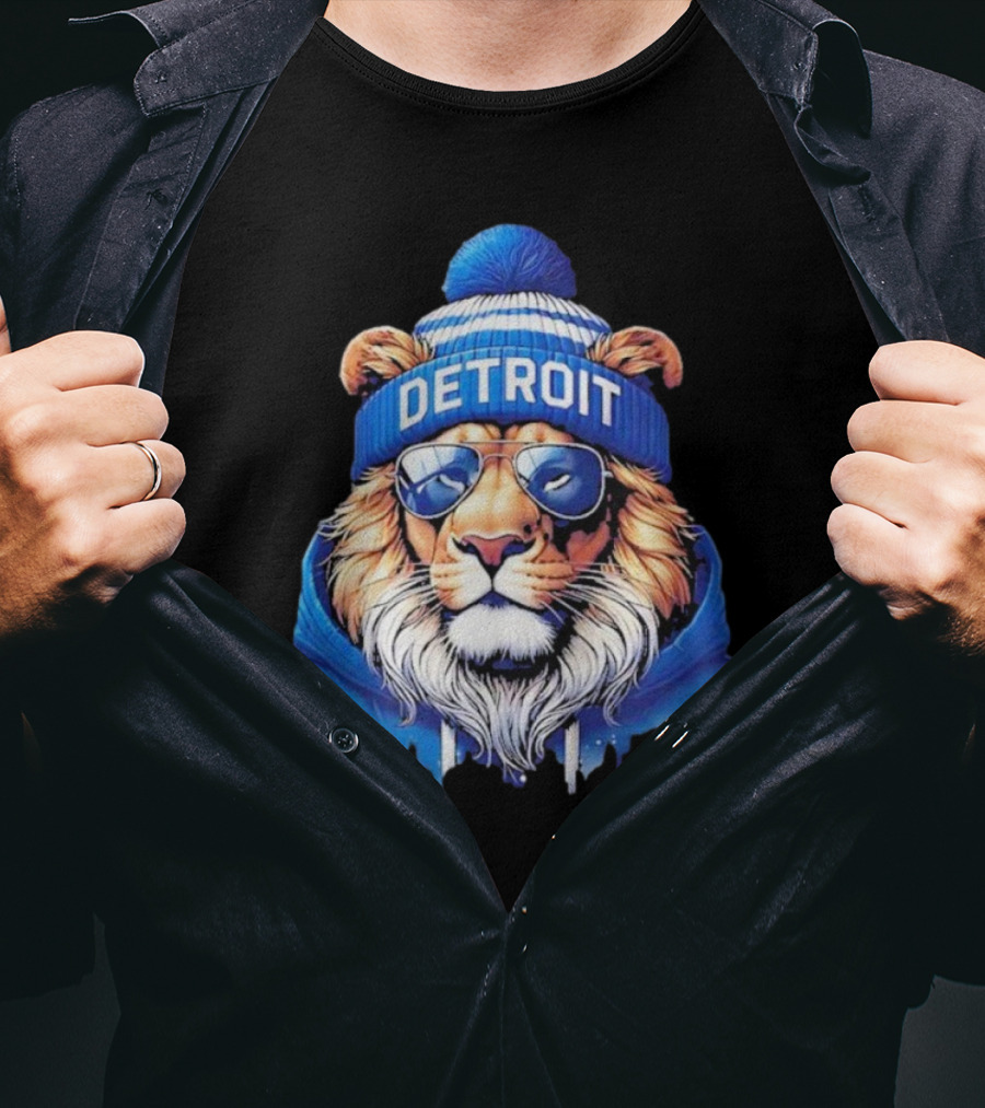 Detroit Lions Football 2025 New Season Cool Lion In Blue Beanie And Shades T-Shirt