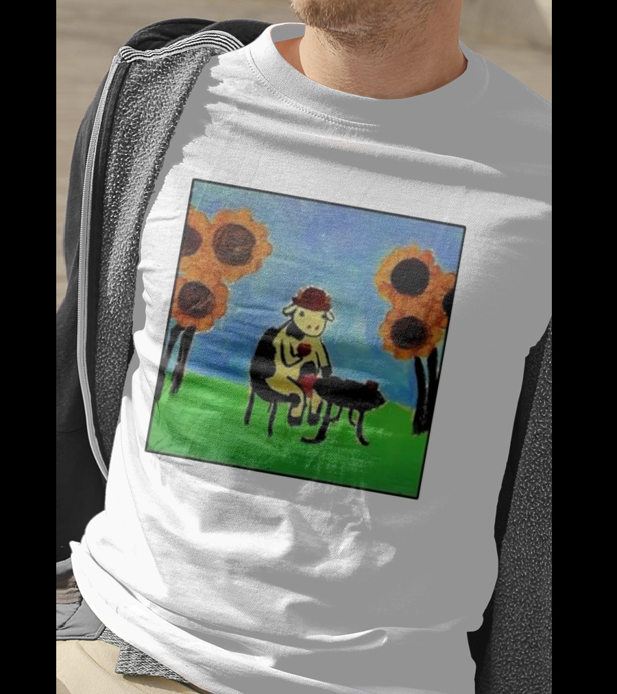 Cow Painting With Sunflowers And Tea Party Scene T-Shirt