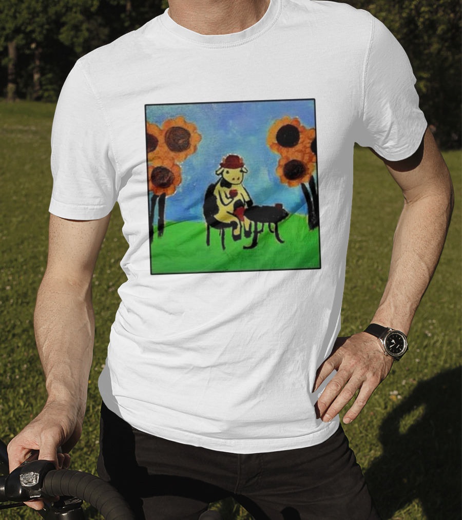 Cow Painting With Sunflowers And Tea Party Scene T-Shirt