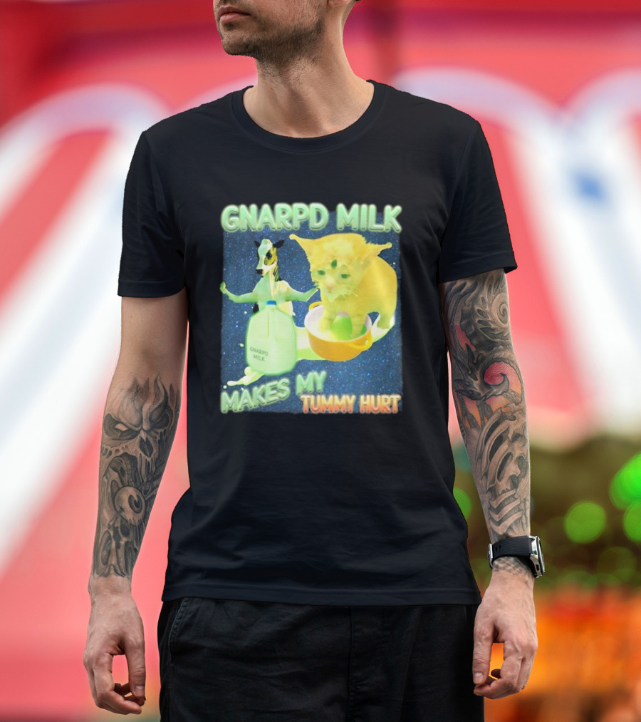 Gnarpd Milk Makes My Tummy Hurt Funny Alien Cat Brainrot Dank Meme Galactic Space Aesthetic T-Shirt