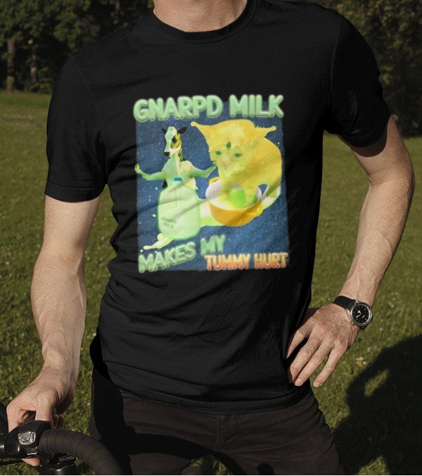 Gnarpd Milk Makes My Tummy Hurt Funny Alien Cat Brainrot Dank Meme Galactic Space Aesthetic T-Shirt
