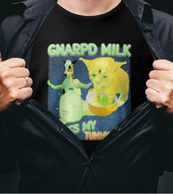 Gnarpd Milk Makes My Tummy Hurt Funny Alien Cat Brainrot Dank Meme Galactic Space Aesthetic T-Shirt