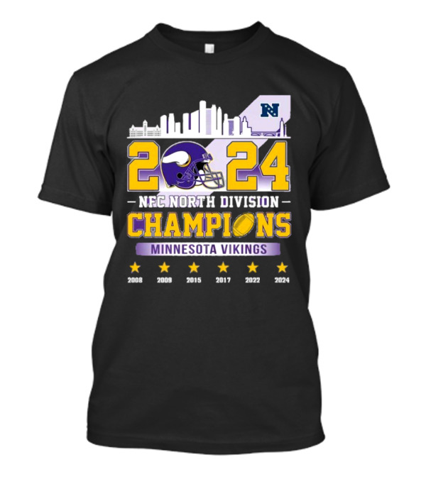 Minnesota Vikings 2024 NFC North Division Champions Skyline Football Helmet Logo Stars T-Shirt
