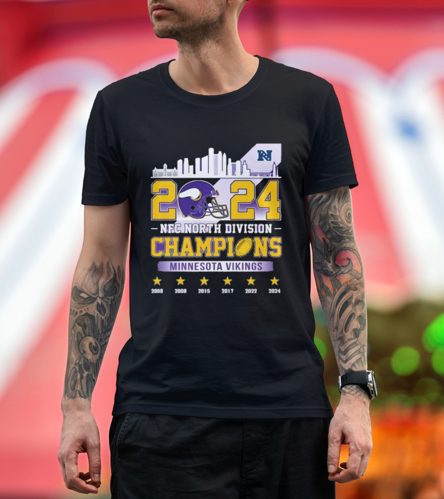 Minnesota Vikings 2024 NFC North Division Champions Skyline Football Helmet Logo Stars T-Shirt