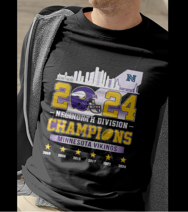 Minnesota Vikings 2024 NFC North Division Champions Skyline Football Helmet Logo Stars T-Shirt