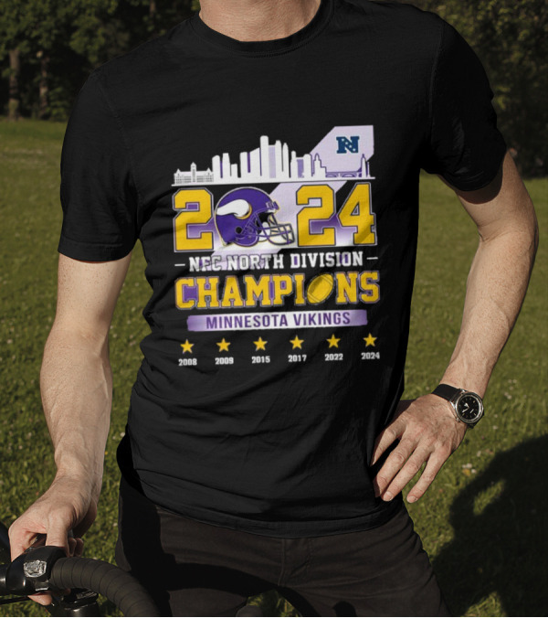 Minnesota Vikings 2024 NFC North Division Champions Skyline Football Helmet Logo Stars T-Shirt