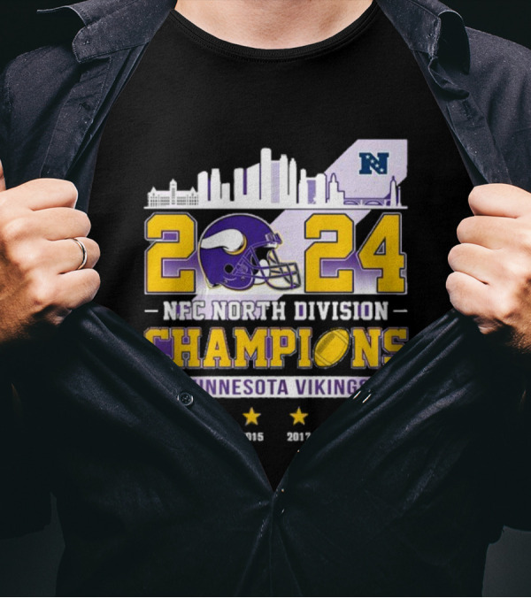 Minnesota Vikings 2024 NFC North Division Champions Skyline Football Helmet Logo Stars T-Shirt
