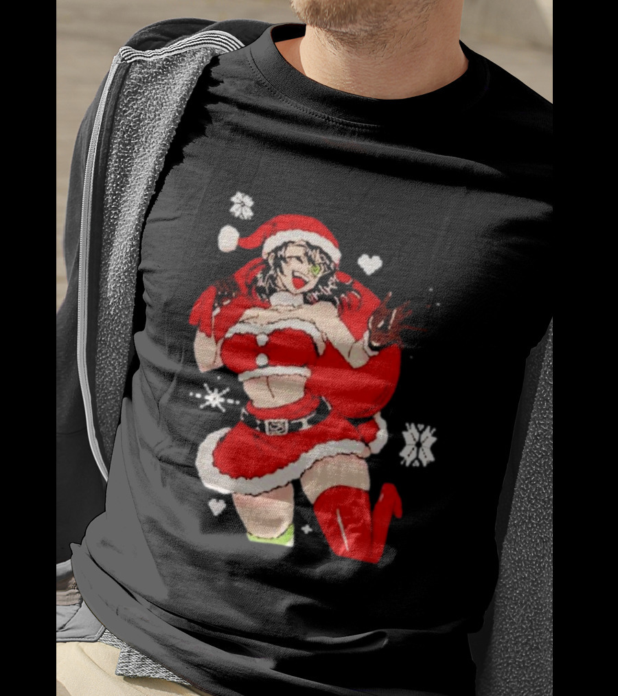 Supps Waifu Uwu Ugly Christmas Santa Anime Girl In Red Outfit With Snowflakes And Hearts T-Shirt