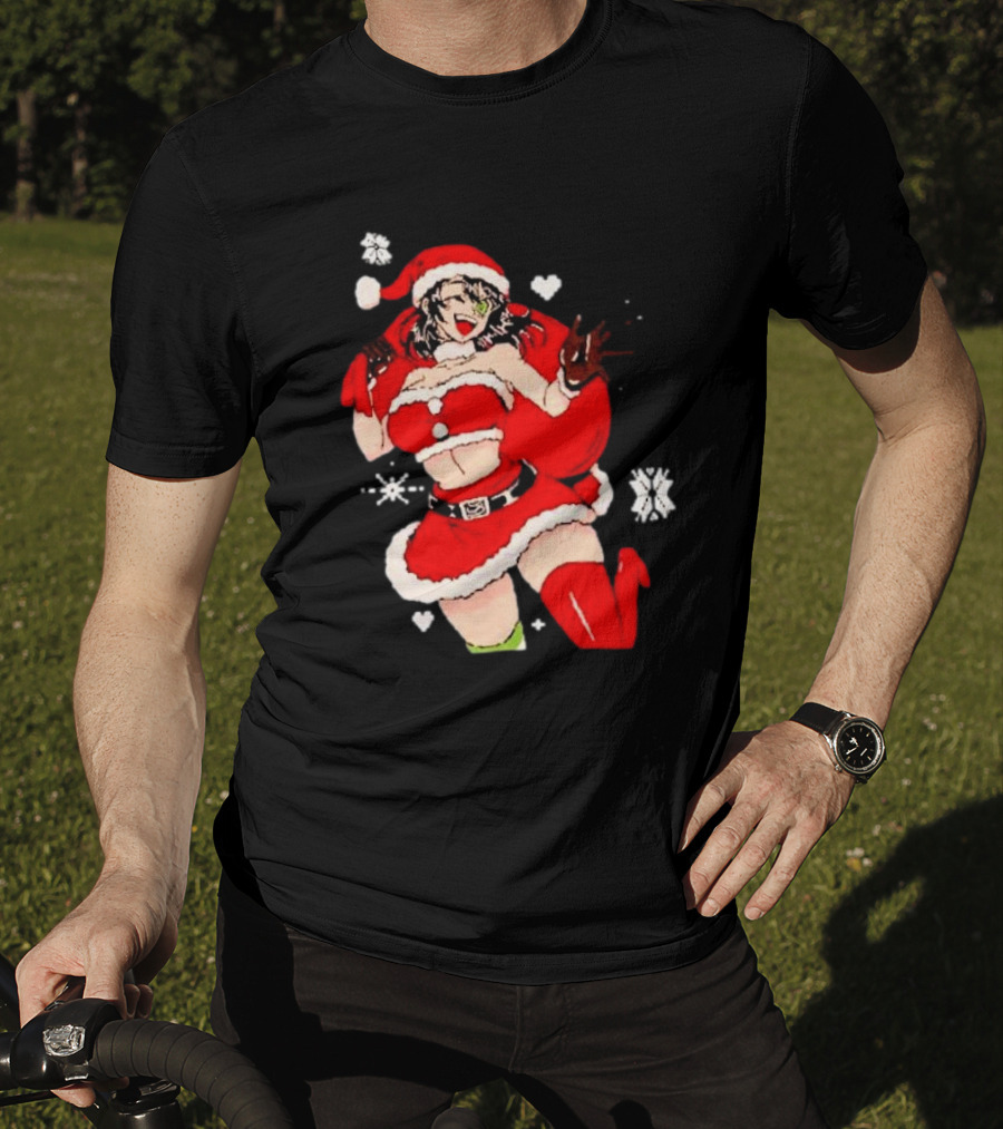 Supps Waifu Uwu Ugly Christmas Santa Anime Girl In Red Outfit With Snowflakes And Hearts T-Shirt
