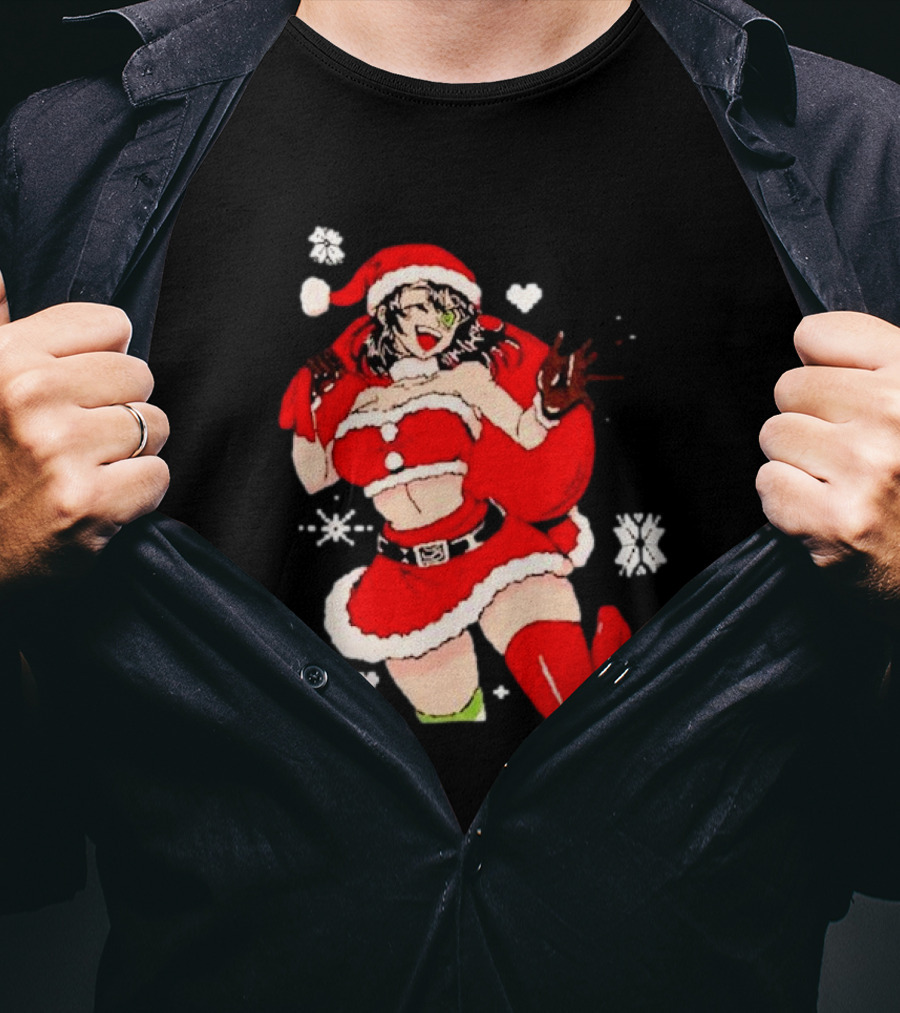 Supps Waifu Uwu Ugly Christmas Santa Anime Girl In Red Outfit With Snowflakes And Hearts T-Shirt