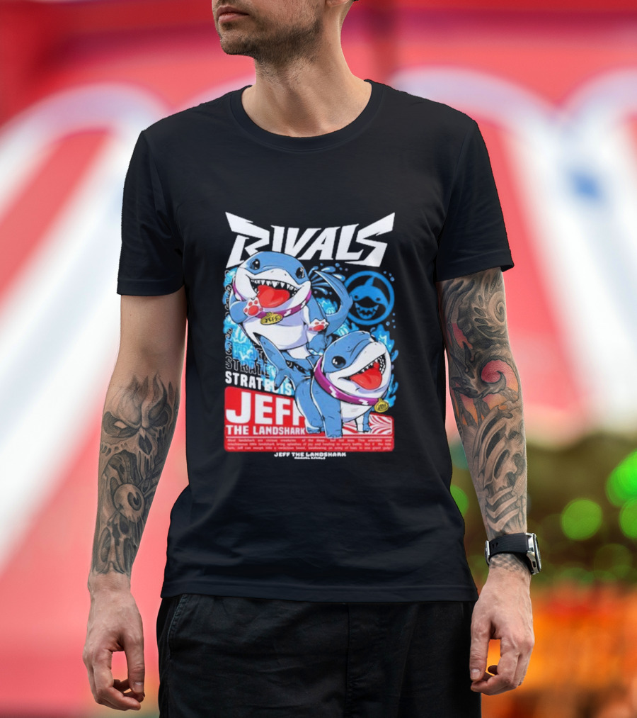 Rivals Stratbois Jeff The Land Shark Anime Style With Blue and Red Cartoon T-Shirt