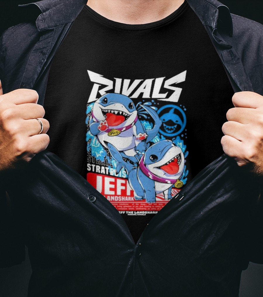Rivals Stratbois Jeff The Land Shark Anime Style With Blue And Red Cartoon T-Shirt