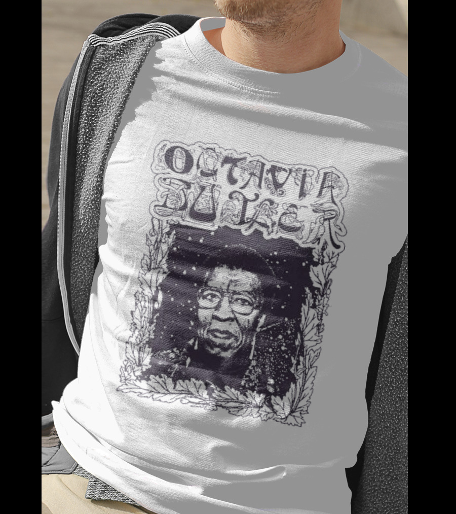 Octavia Butler Portrait With Leafy Cosmic Border T-Shirt
