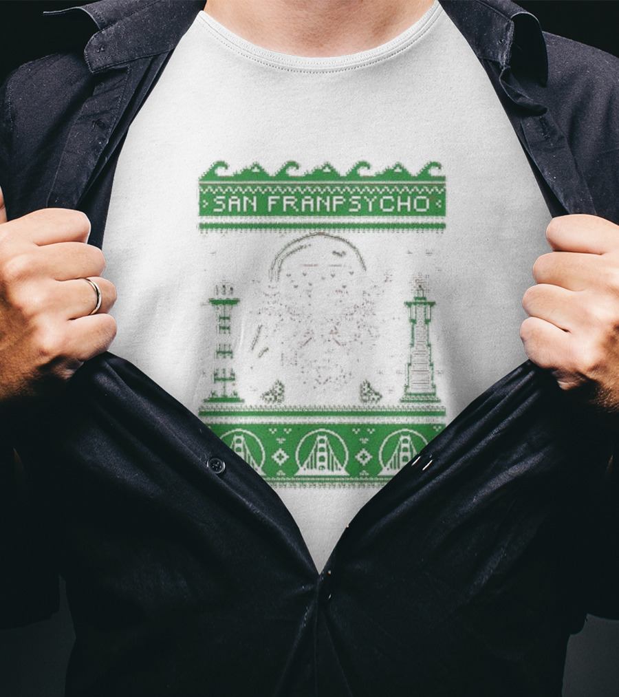 San Franpsycho Sfp Holiday Bridge Towers Snowflakes Green Holiday T-Shirt