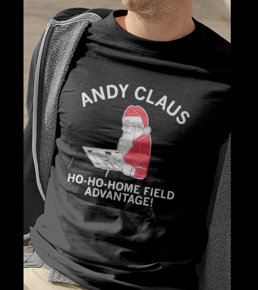 Andy Claus Santa In KC Hat With Playbook Ho Ho Home Field Advantage T-Shirt
