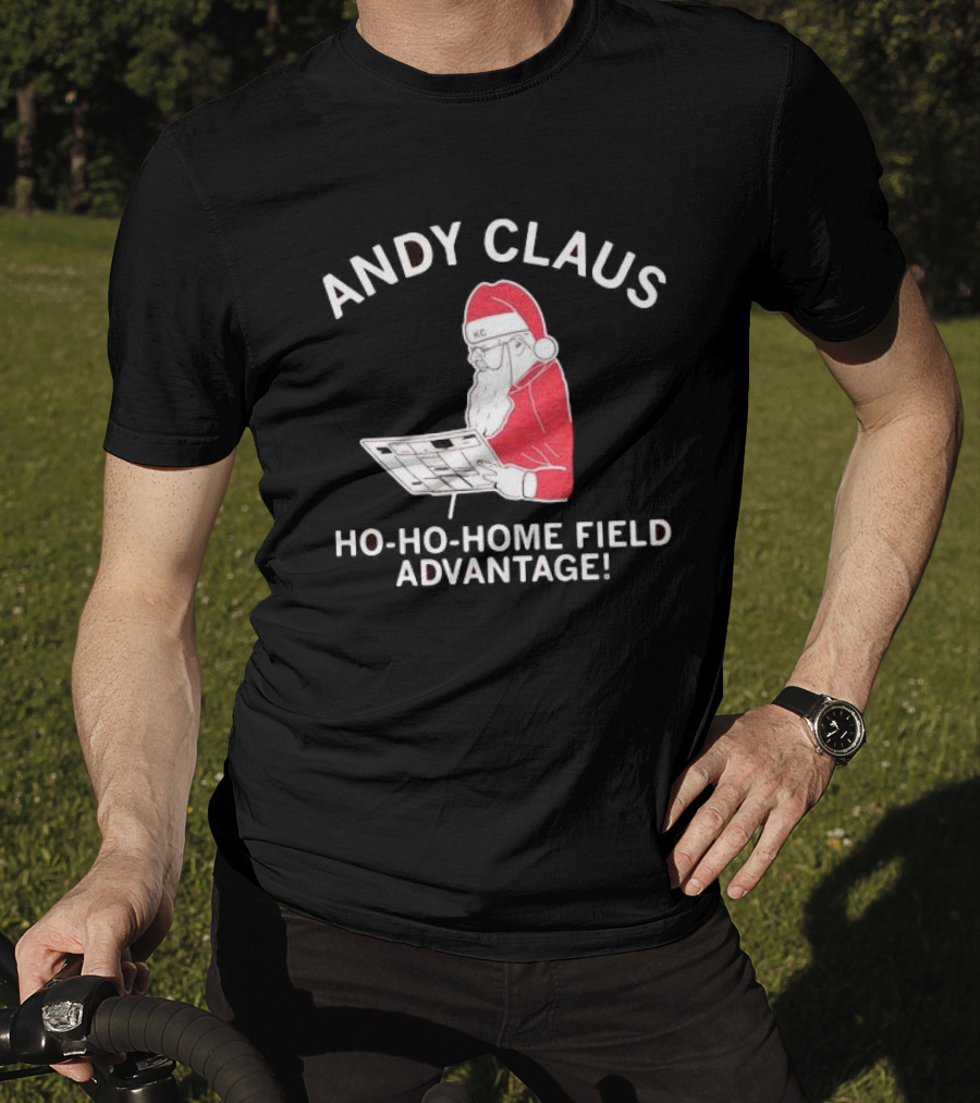 Andy Claus Santa In KC Hat With Playbook Ho Ho Home Field Advantage T-Shirt