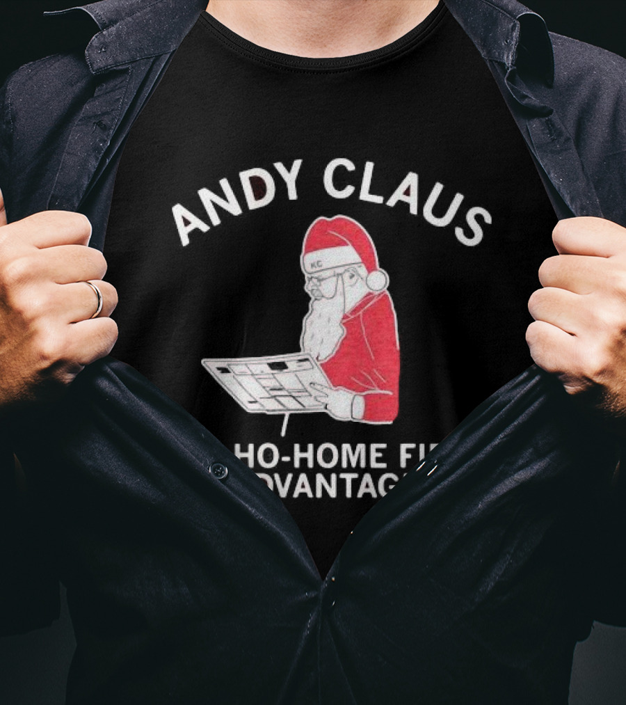 Andy Claus Santa In KC Hat With Playbook Ho Ho Home Field Advantage T-Shirt