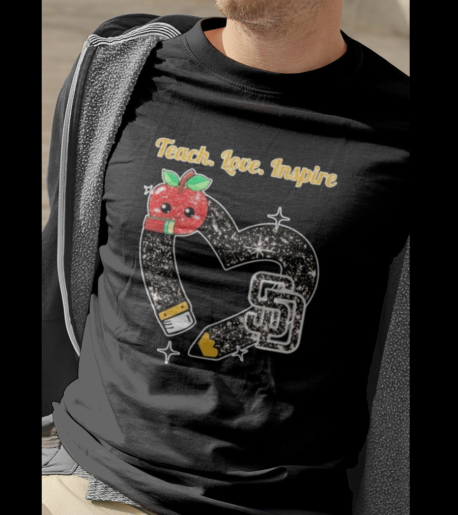Teach Love Inspire San Diego Padres Sparkling Heart Apple Pencil T-Shirt