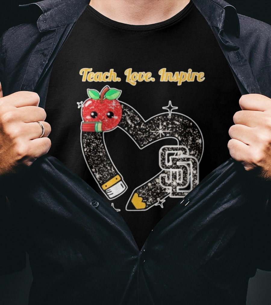 Teach Love Inspire San Diego Padres Sparkling Heart Apple Pencil T-Shirt