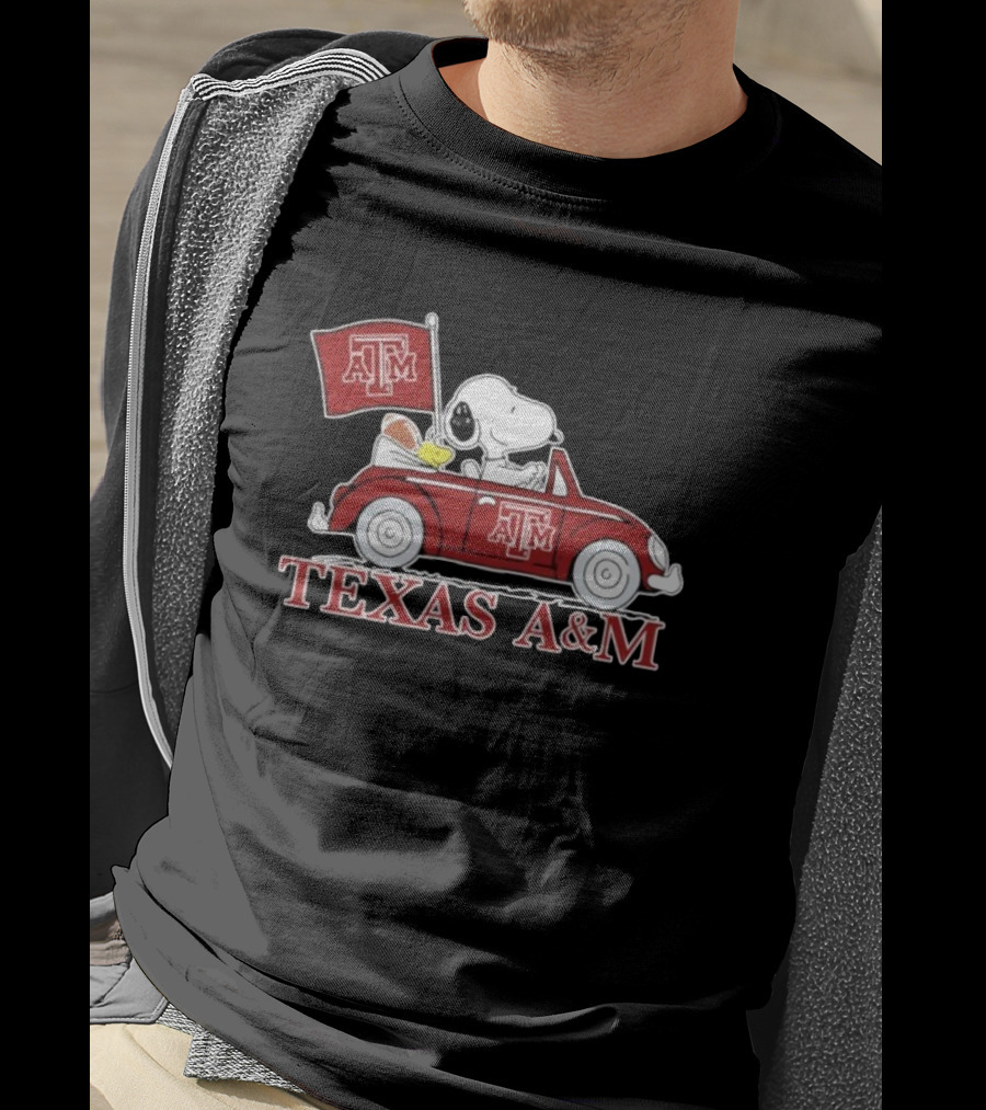 Snoopy Woodstock Driving Texas A&M Car Peanuts T-Shirt