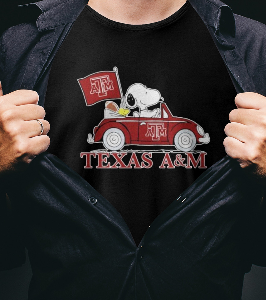 Snoopy Woodstock Driving Texas A&M Car Peanuts T-Shirt